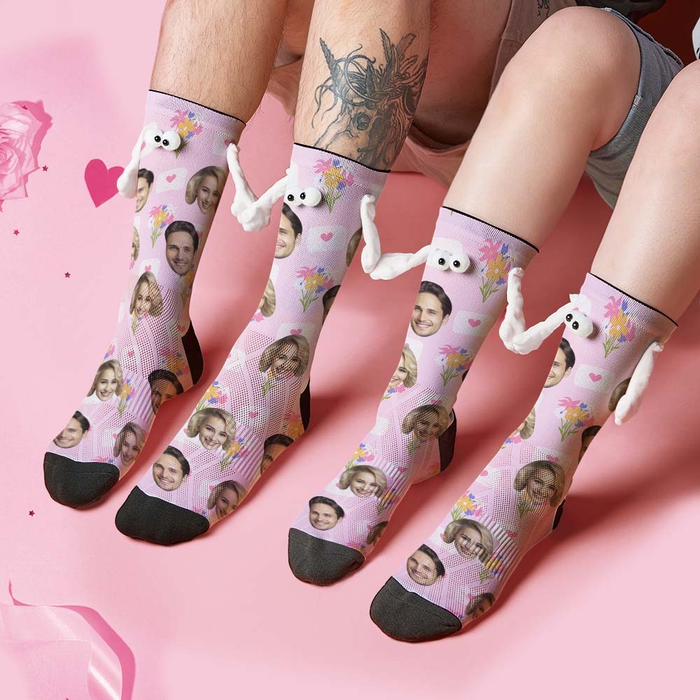 Benutzerdefinierte Gesichtssocken, Lustige Puppen-mid-tube-socken, Magnetische Hände Haltende Socken, Blumen-valentinstag-geschenke - DePhotoBoxer