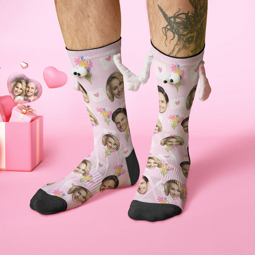 Benutzerdefinierte Gesichtssocken, Lustige Puppen-mid-tube-socken, Magnetische Hände Haltende Socken, Blumen-valentinstag-geschenke