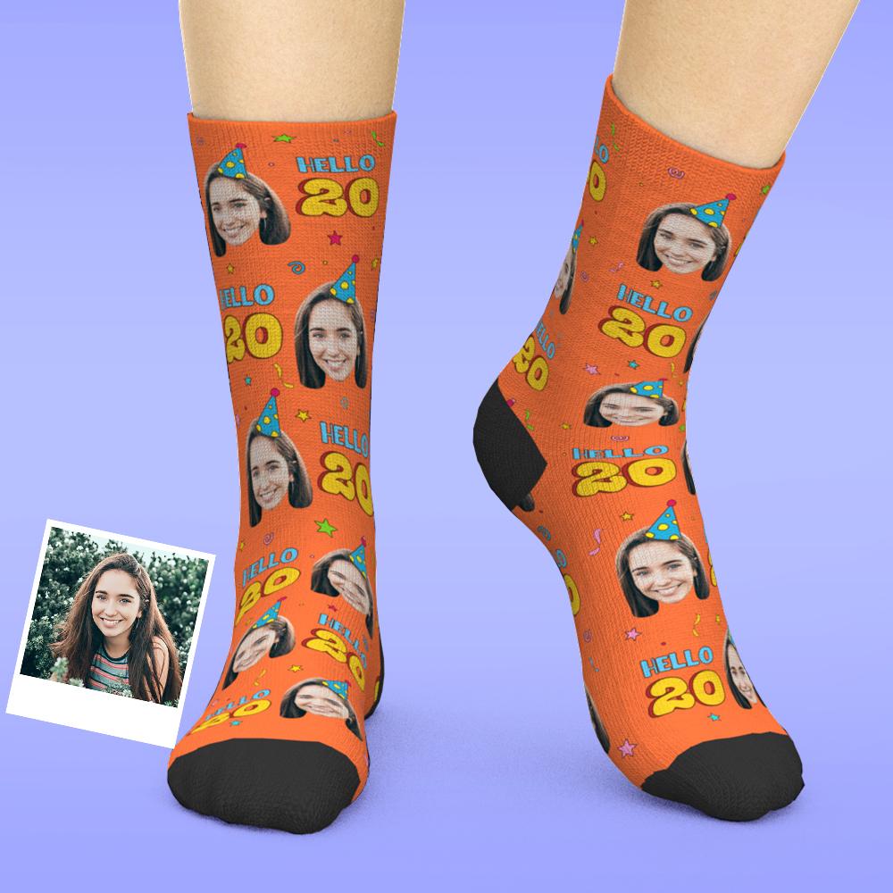 Benutzerdefinierte Gesichtssocken Fügen Sie Bilder und Alter hinzu Happy Birthday Socken Hello 20 Personalisiertes Geburtstagsgeschenk