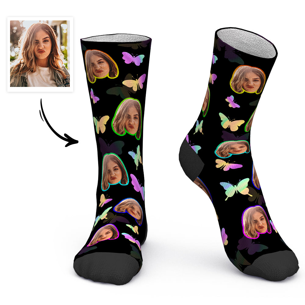 Benutzerdefinierte Gesichtssocken, Personalisierte Fotosocken Mit Text – Bunter Schmetterling - DePhotoBoxer