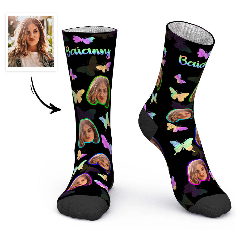 Benutzerdefinierte Gesichtssocken, Personalisierte Fotosocken Mit Text – Bunter Schmetterling - DePhotoBoxer