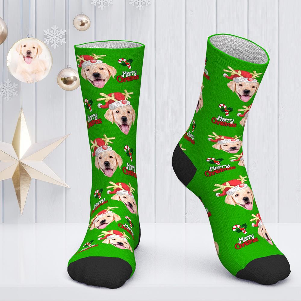 Benutzerdefinierte Gesichtssocken, Personalisierte Fotosocken, Weihnachtsgeschenk, Weihnachtsmannsocken – Merry Christmas Cut Dog - DePhotoBoxer