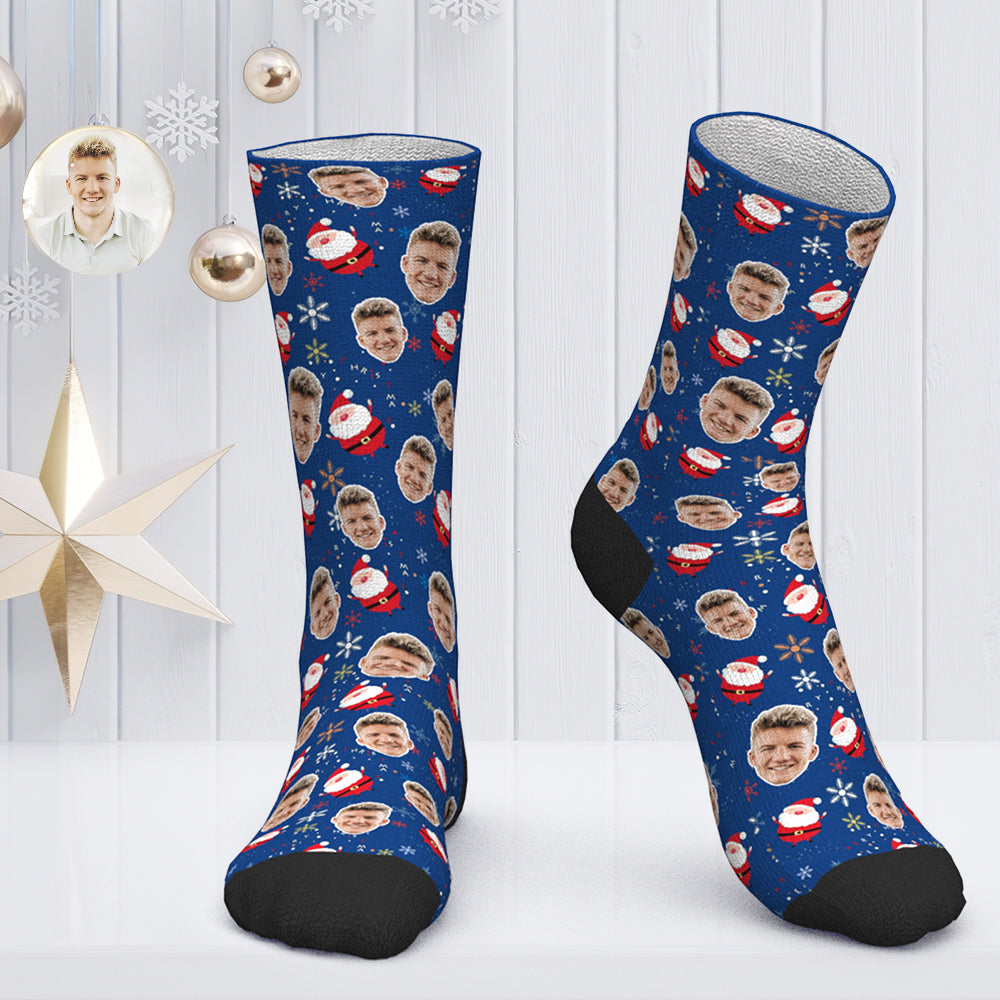 Benutzerdefinierte Gesichtssocken, Personalisierte Fotosocken, Weihnachtsgeschenk, Weihnachtssocken – Weihnachtsmann Und Schnee - DePhotoBoxer