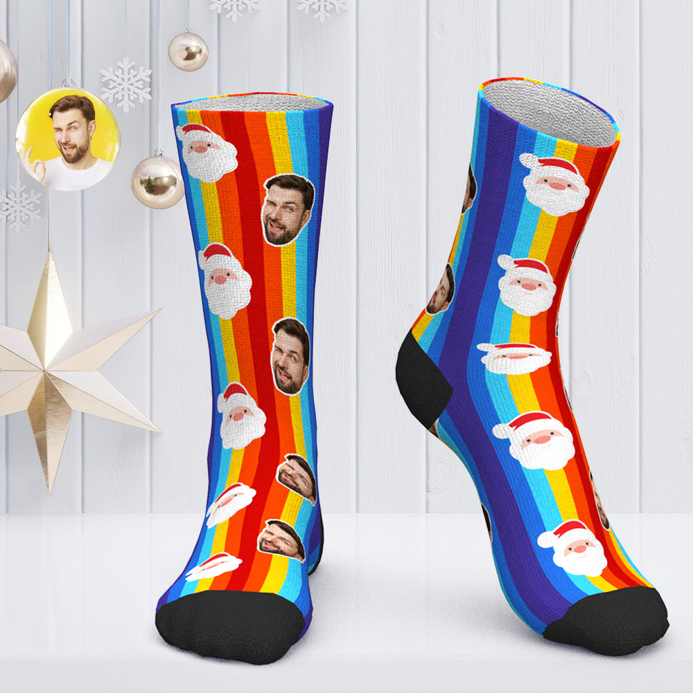 Benutzerdefinierte Gesichtssocken, Personalisierte Fotosocken, Weihnachtsgeschenk, Weihnachtsmannsocken – Weihnachtsmann Und Regenbogen