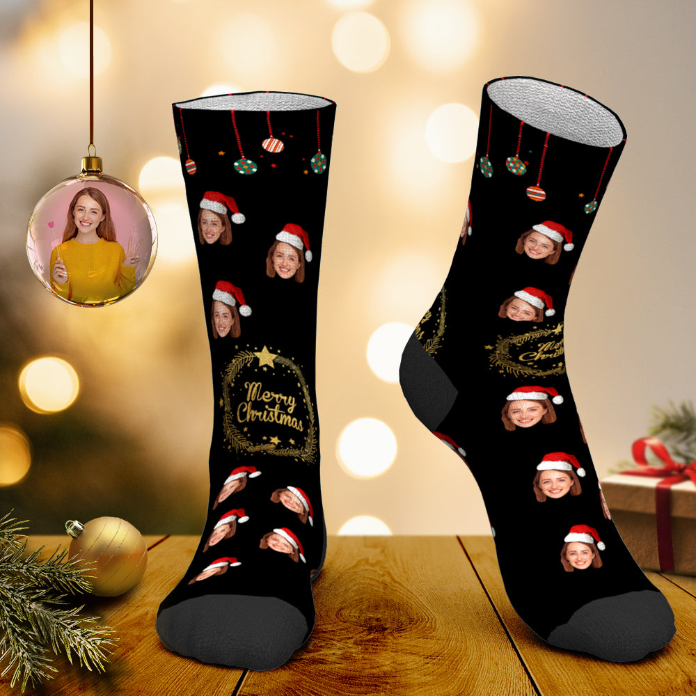 Benutzerdefinierte Gesichtssocken, Personalisierte Fotosocken, Weihnachtsmannsocken, Weihnachtsgeschenk Für Liebhaber – Frohe Weihnachten - DePhotoBoxer