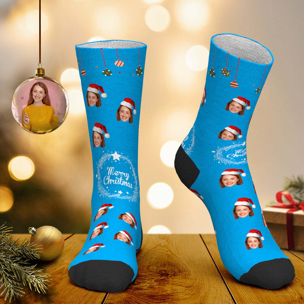 Benutzerdefinierte Gesichtssocken, Personalisierte Fotosocken, Weihnachtsmannsocken, Weihnachtsgeschenk Für Liebhaber – Frohe Weihnachten - DePhotoBoxer