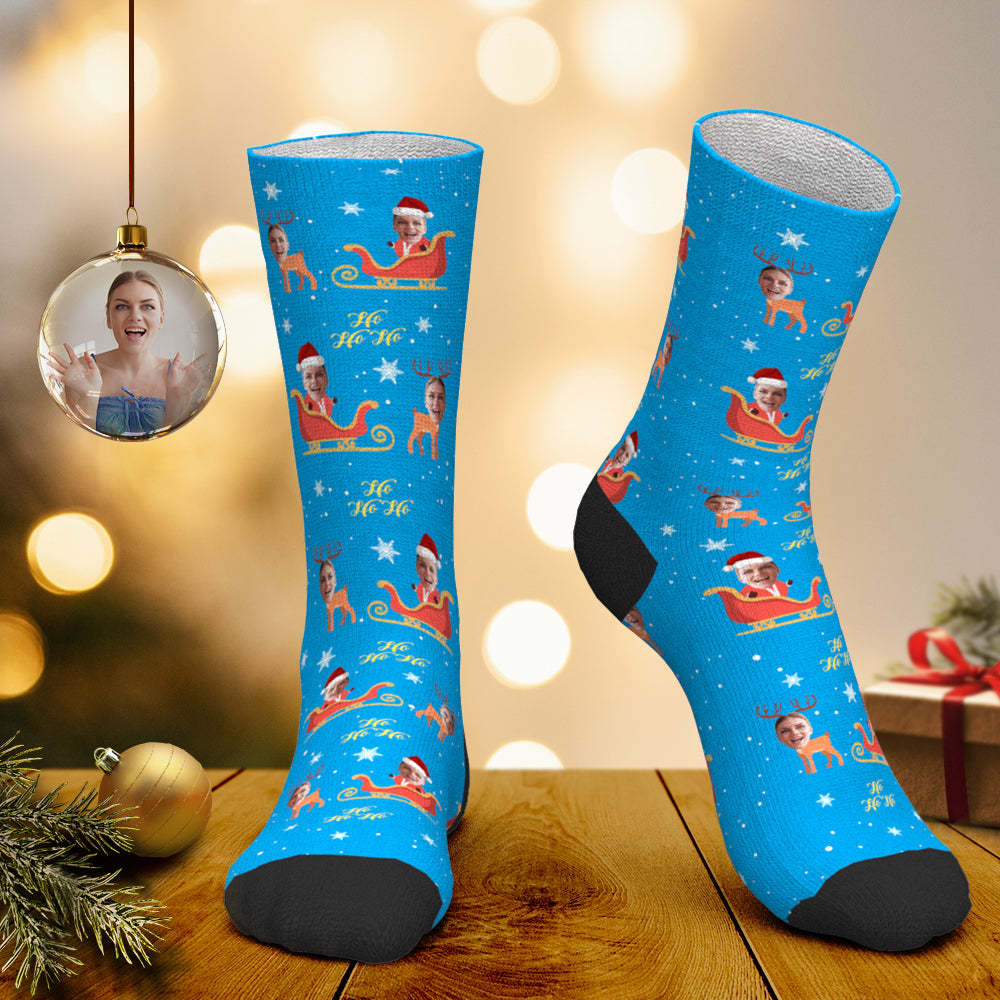 Benutzerdefinierte Gesichtssocken, Personalisierte Fotosocken, Weihnachtsmannsocken, Weihnachtsgeschenk – Elch, Der Einen Schlitten Zieht - DePhotoBoxer