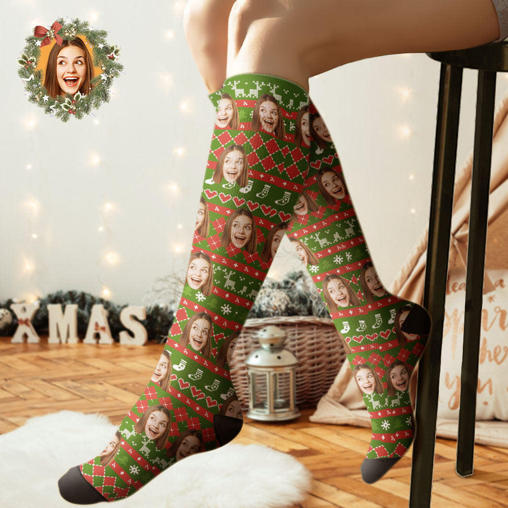 Benutzerdefinierte Kniehohe Socken Mit Personalisiertem Gesicht, Weihnachtssocken, Spezielle Linien, Bilder Hinzufügen - DePhotoBoxer