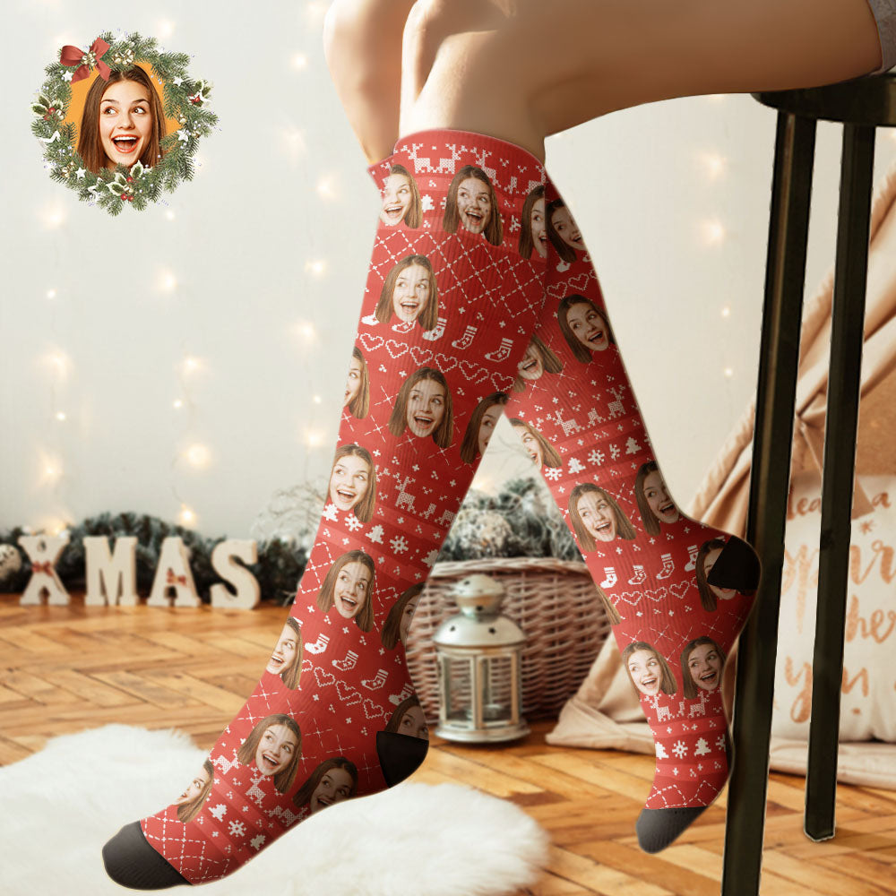 Benutzerdefinierte Kniehohe Socken Mit Personalisiertem Gesicht, Weihnachtssocken, Spezielle Linien, Bilder Hinzufügen - DePhotoBoxer