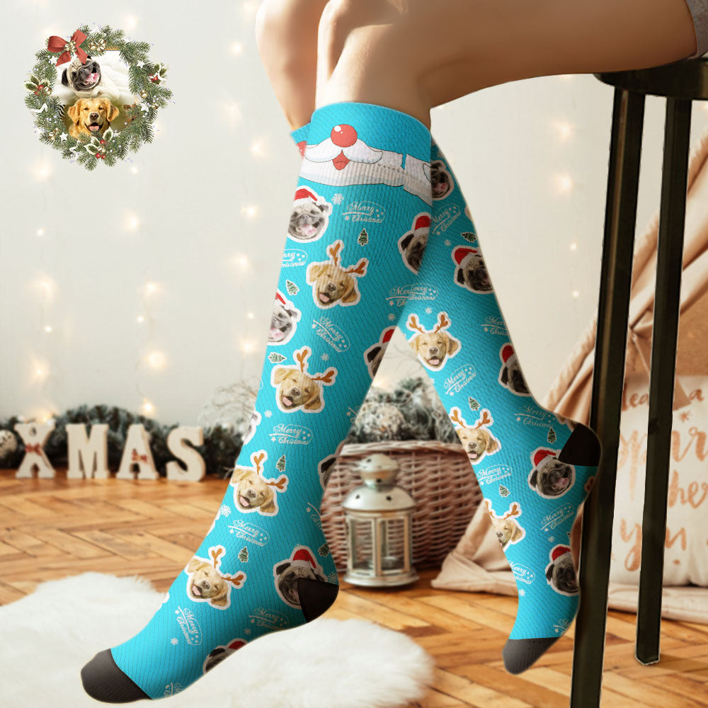 Benutzerdefinierte Kniehohe Socken, Personalisierte Gesichtssocken, Frohe Weihnachten, Hundegesicht Für Haustierliebhaber - DePhotoBoxer