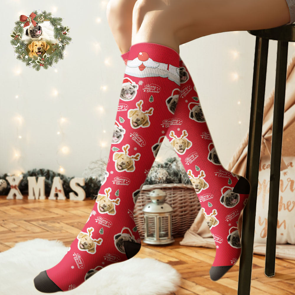 Benutzerdefinierte Kniehohe Socken, Personalisierte Gesichtssocken, Frohe Weihnachten, Hundegesicht Für Haustierliebhaber - DePhotoBoxer
