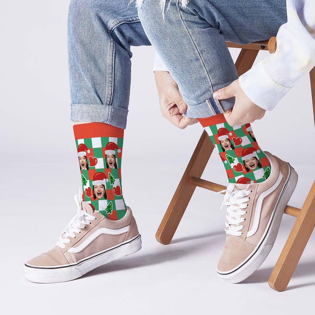 Benutzerdefinierte Santa Hüte Gesicht Socken Herz Plaid - DePhotoBoxer