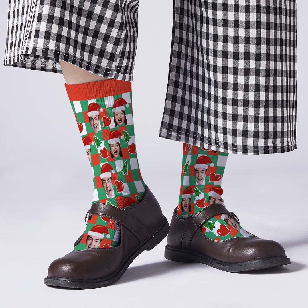 Benutzerdefinierte Santa Hüte Gesicht Socken Herz Plaid - DePhotoBoxer