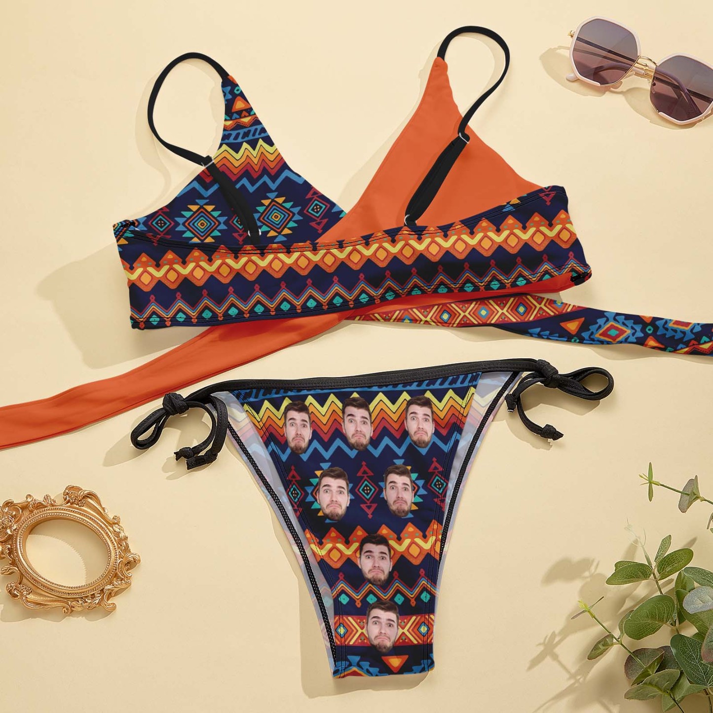Benutzerdefinierte Gesichts-bademode, Personalisiertes Damen-bikini-set Mit Kreuzträgern Für Den Sommer-strandurlaub - DePhotoBoxer