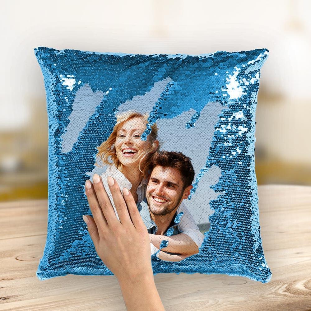 Kissen mit magischen Pailletten - Passen Sie Ihr Foto an - blauer See - 40cm*40cm