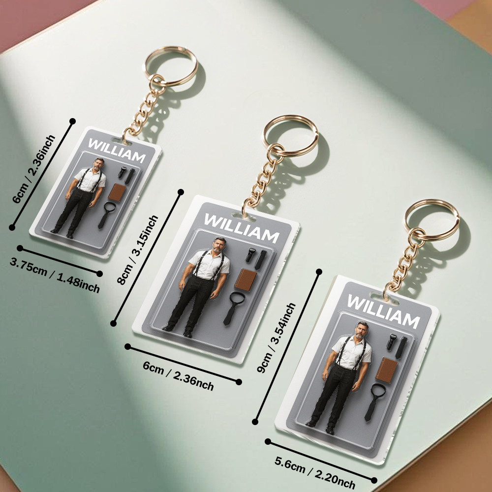 Benutzerdefinierte Actionfigur Pack Verpackung Spielzeugbox Stil Kunst Geschenk Personalisierte Acryl Schlüsselanhänger Geschenk Für Papa