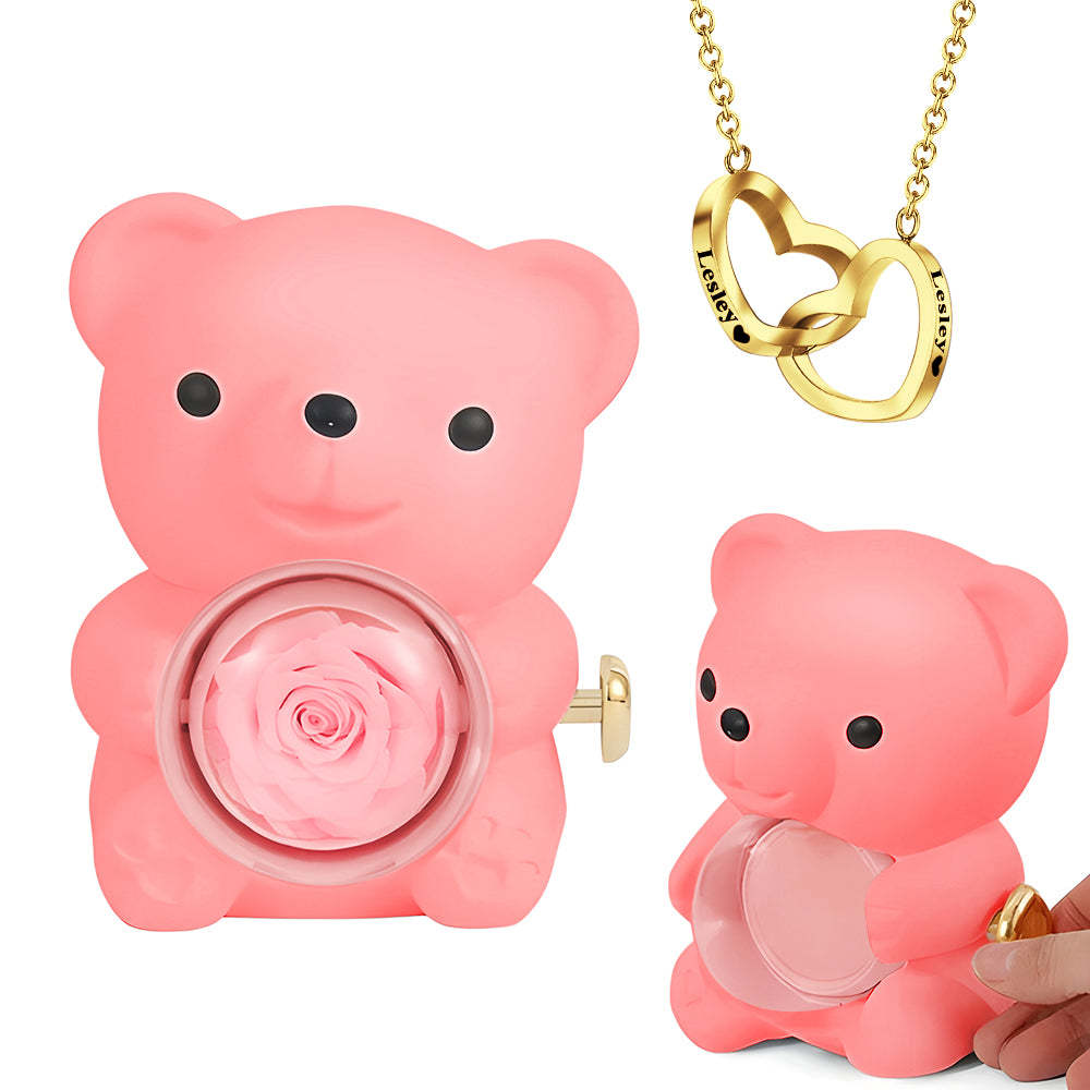 Gravierte Herz-halskette Mit Echtem Rosenbären-geschenkbox, Rosenförmige Halskette, Geschenkbox, Schmuck-geschenkbox - DePhotoBoxer