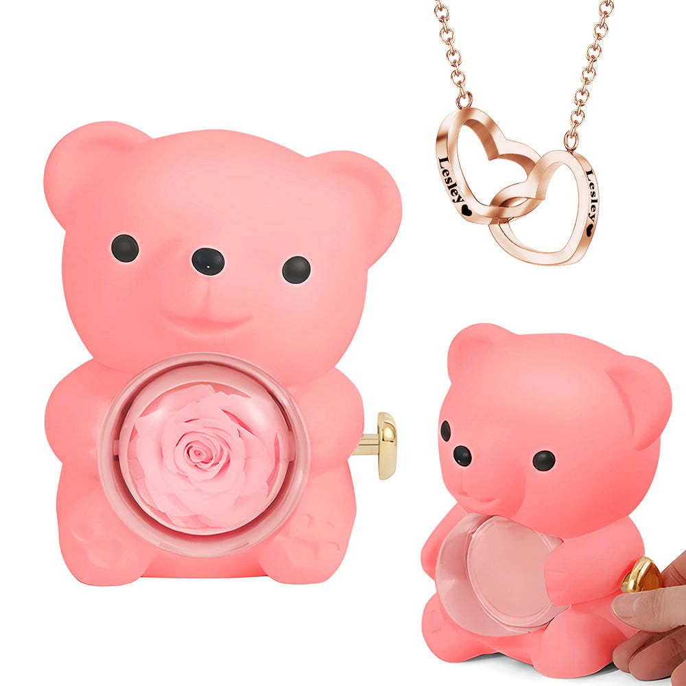 Gravierte Herz-halskette Mit Echtem Rosenbären-geschenkbox, Rosenförmige Halskette, Geschenkbox, Schmuck-geschenkbox - DePhotoBoxer