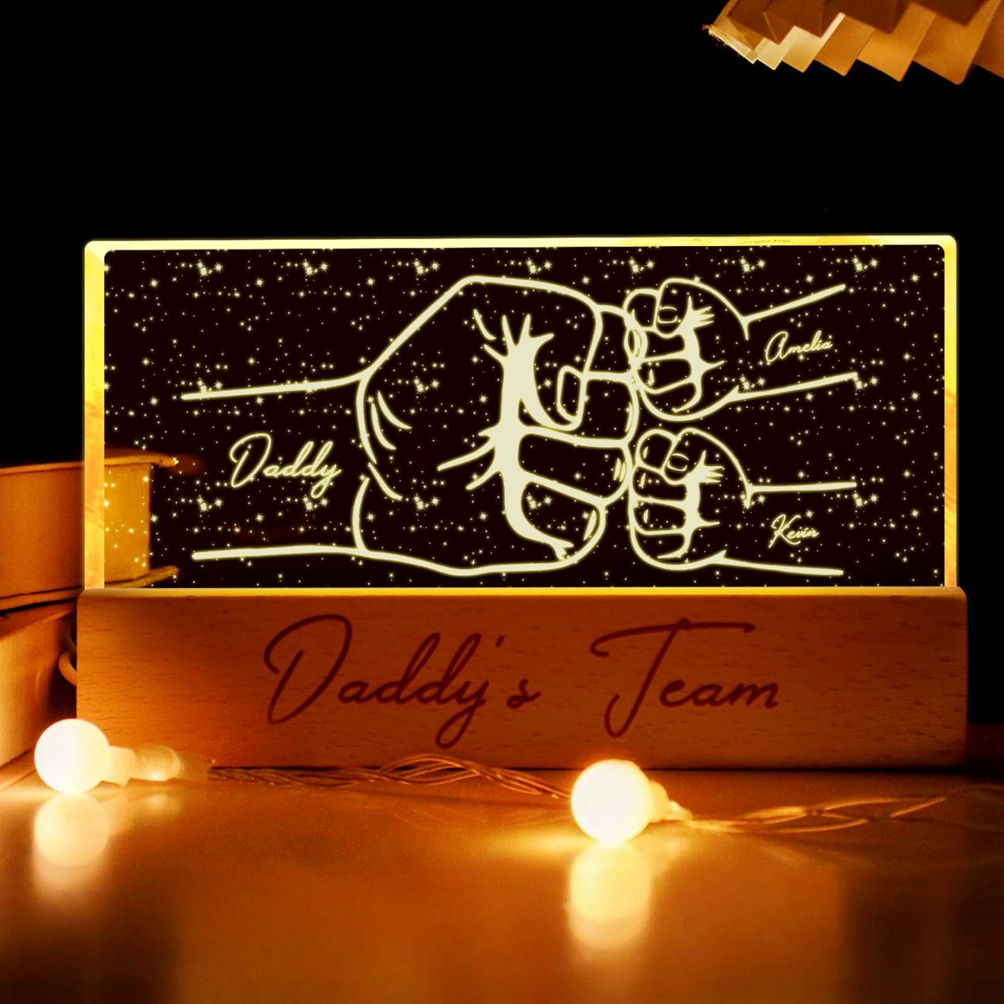 Benutzerdefinierte Acryl Led Nachtlicht Personalisierte Papas Team Fist Bump Vatertagsgeschenk - DePhotoBoxer