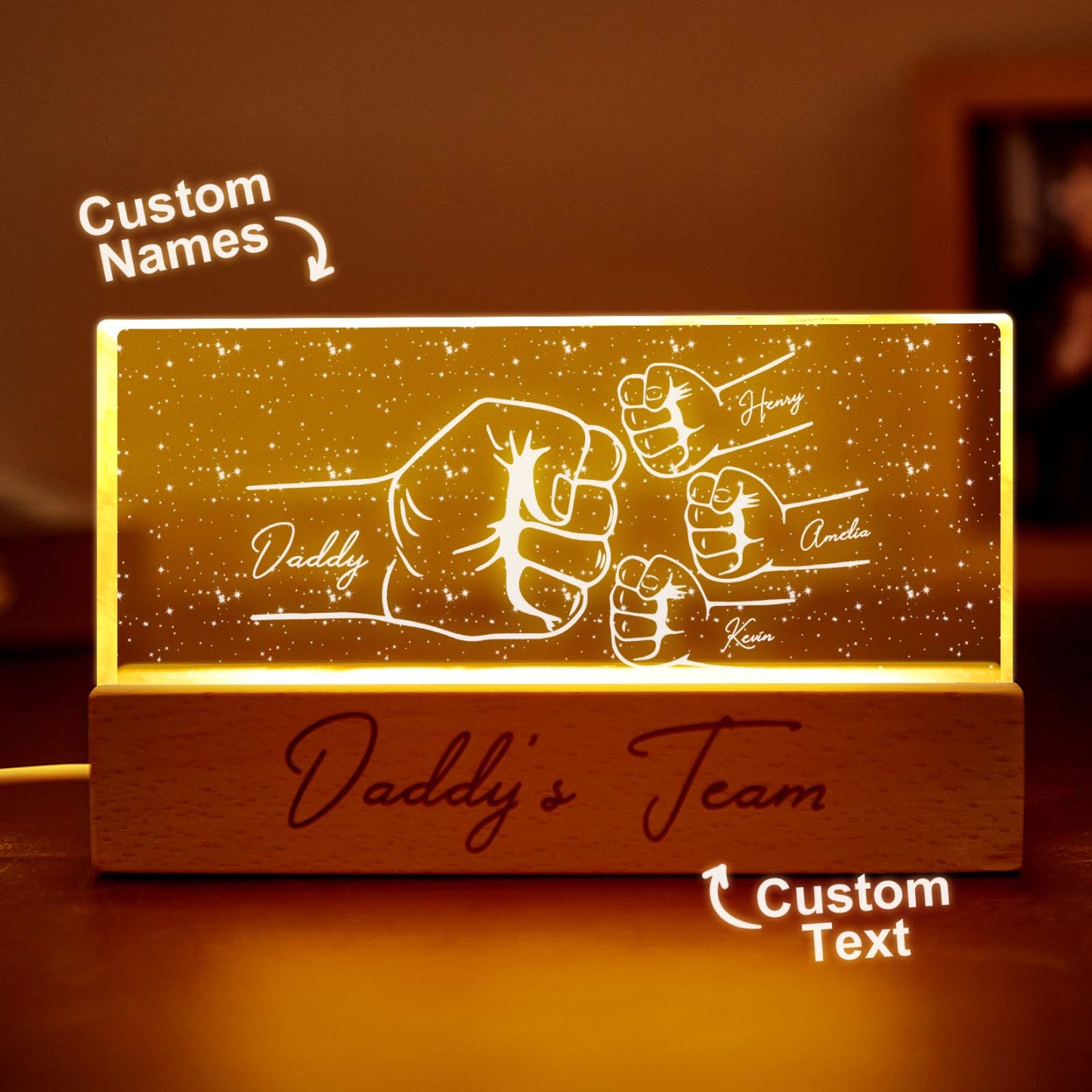 Benutzerdefinierte Acryl Led Nachtlicht Personalisierte Papas Team Fist Bump Vatertagsgeschenk - DePhotoBoxer