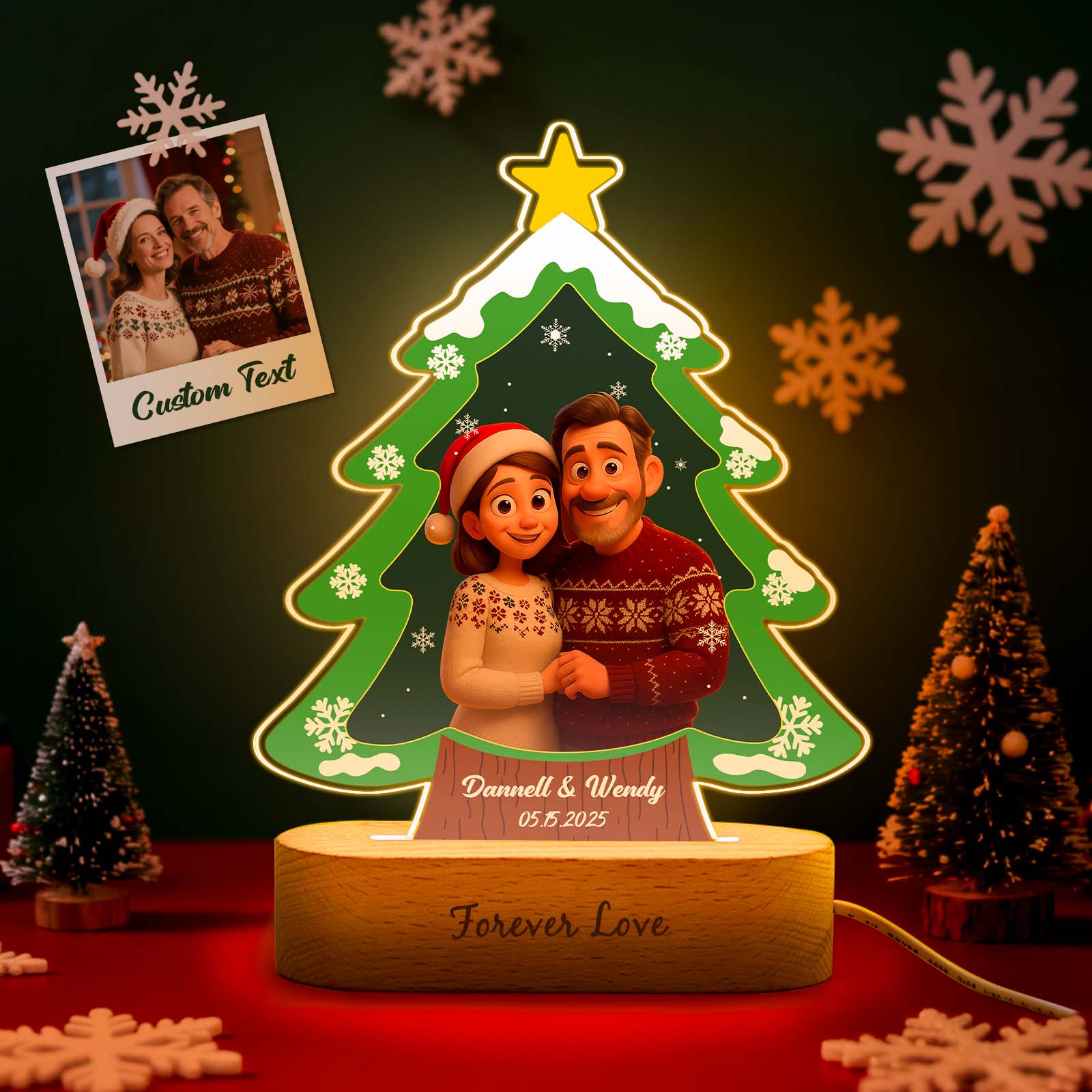 Personalisierte Weihnachtsbaum-nachtlampe, Individuell Graviertes Foto Im Cartoon-stil – Das Perfekte Weihnachtsgeschenk Für Paare Und Familien.