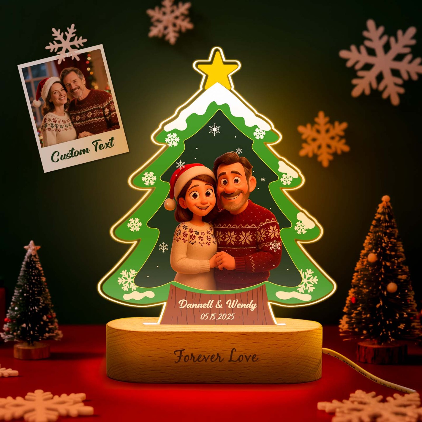 Personalisierte Weihnachtsbaum-nachtlampe, Individuell Graviertes Foto Im Cartoon-stil – Das Perfekte Weihnachtsgeschenk Für Paare Und Familien. - DePhotoBoxer