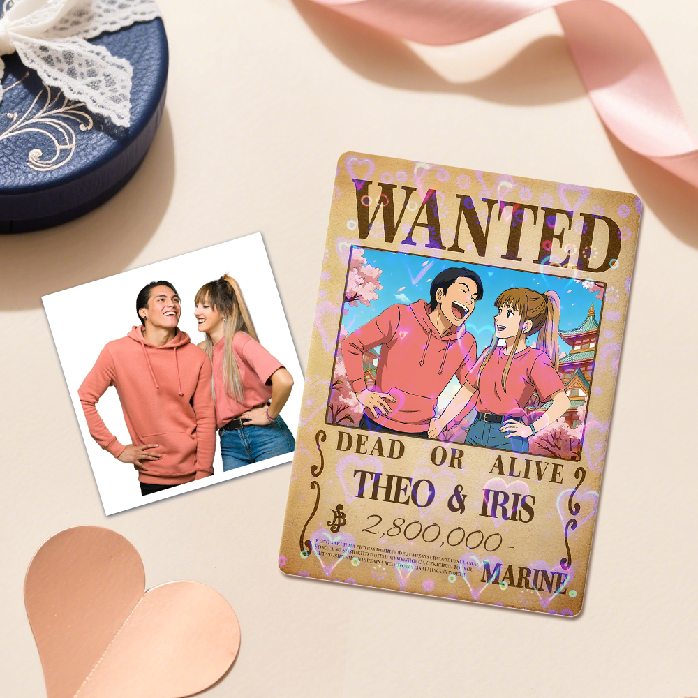 Individuell Gestaltete Anime-kopfgeldjagd-karte Für Paare, Personalisierte Wanted-kopfgeldkarte Mit Hologrammfolie, Einzigartiges Geschenk Für Paare Und Freunde - DePhotoBoxer