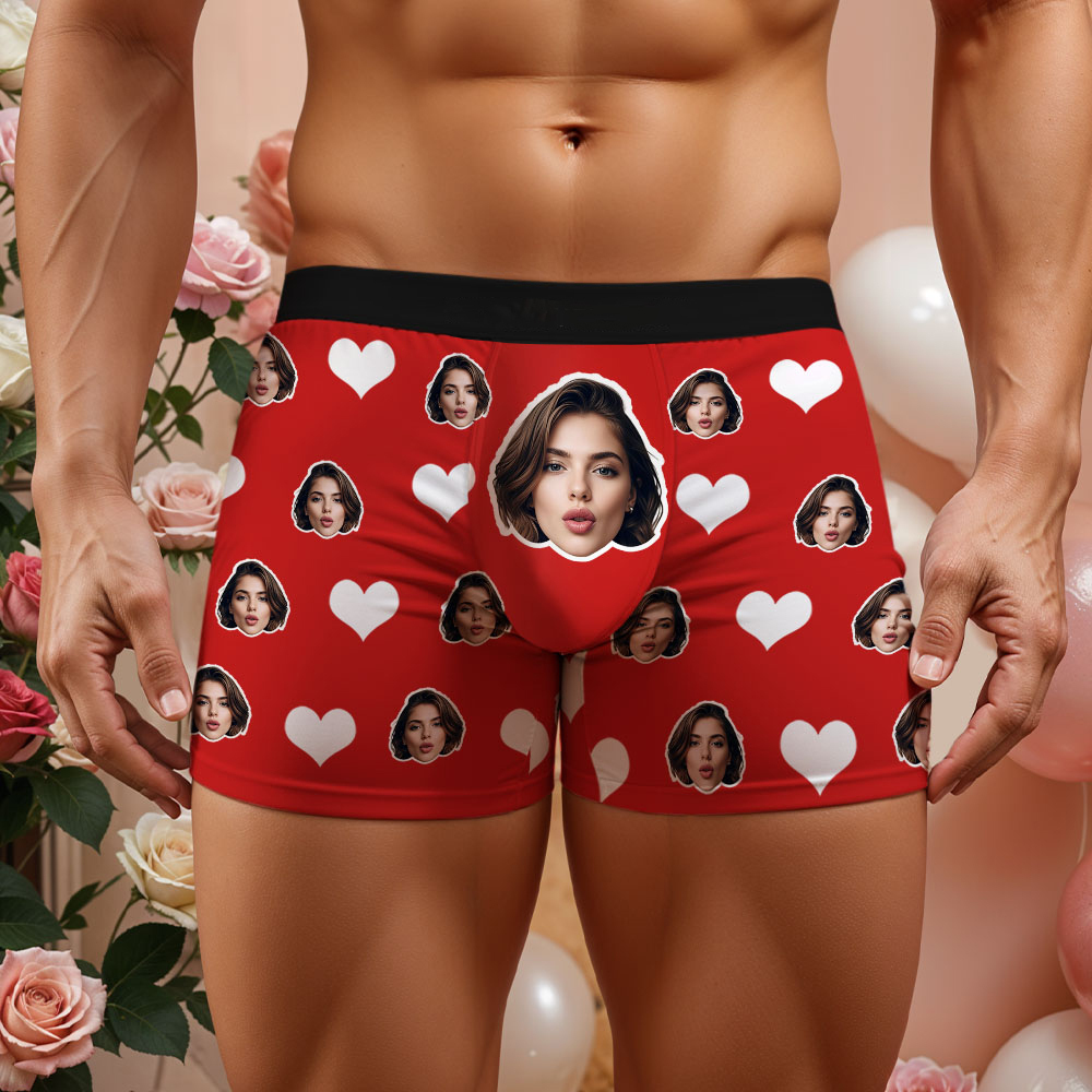 Benutzerdefinierte Herren-boxershorts Mit Rotem Herz, Boxershorts Mit Gesicht, Personalisierte Boxershorts Mit Weißem Gesicht, Valentinstag-unterwäsche-geschenk - DePhotoBoxer