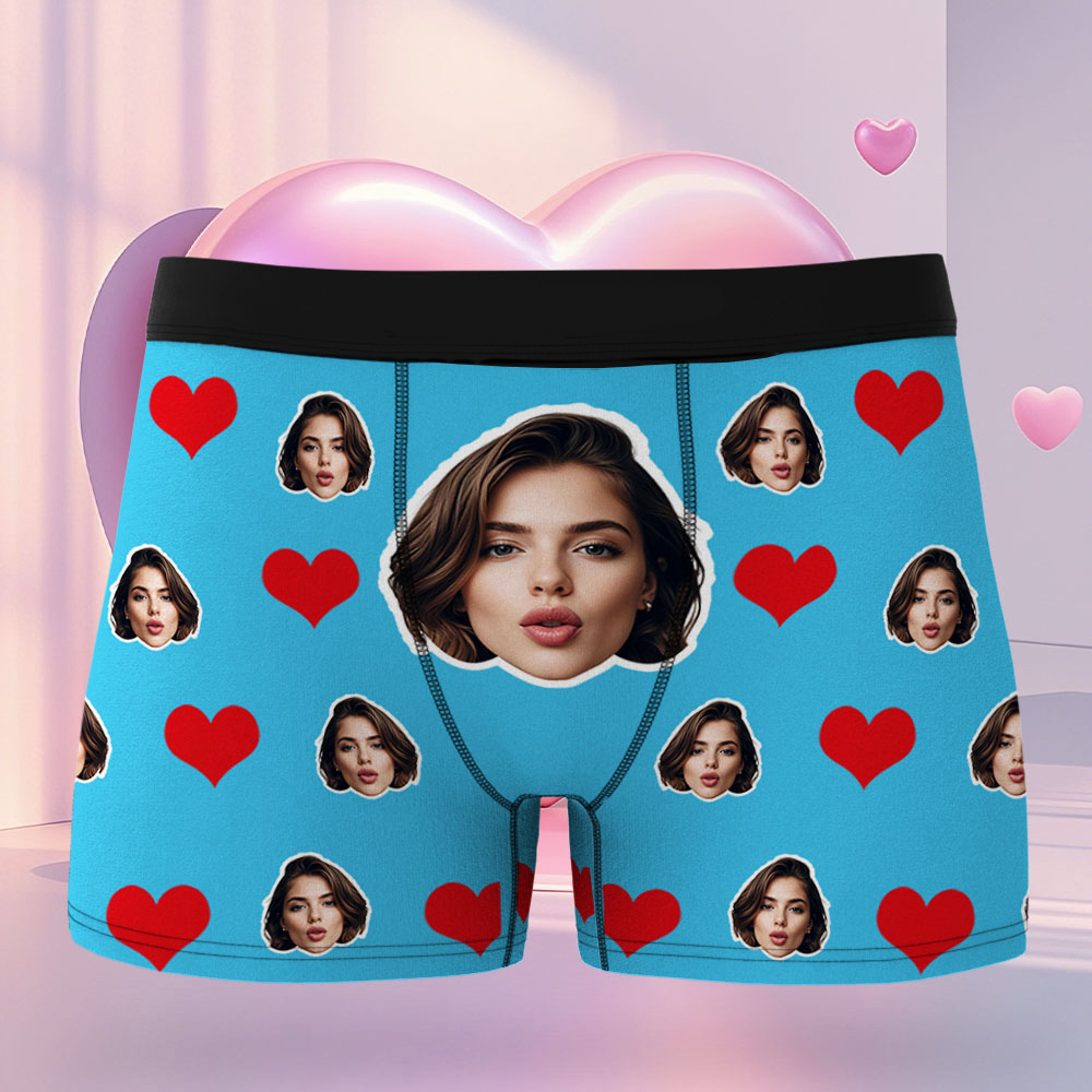 Benutzerdefinierte Herren-boxershorts Mit Rotem Herz, Boxershorts Mit Gesicht, Personalisierte Boxershorts Mit Weißem Gesicht, Valentinstag-unterwäsche-geschenk - DePhotoBoxer