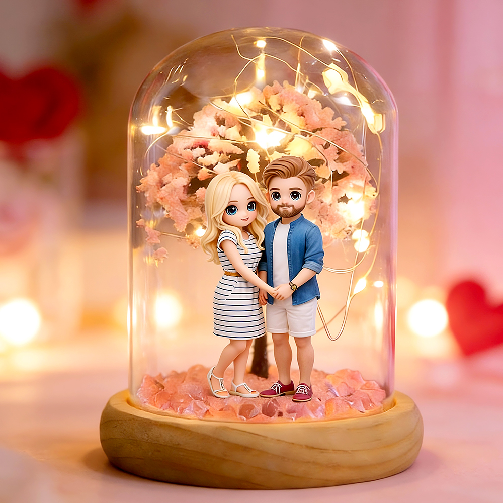 Personalisierte 3d-pärchenfigur In Kirschblüten-lichterflasche, Romantisches Erinnerungsgeschenk Nach Maß, Perfektes Valentinstagsgeschenk Für Paare - DePhotoBoxer