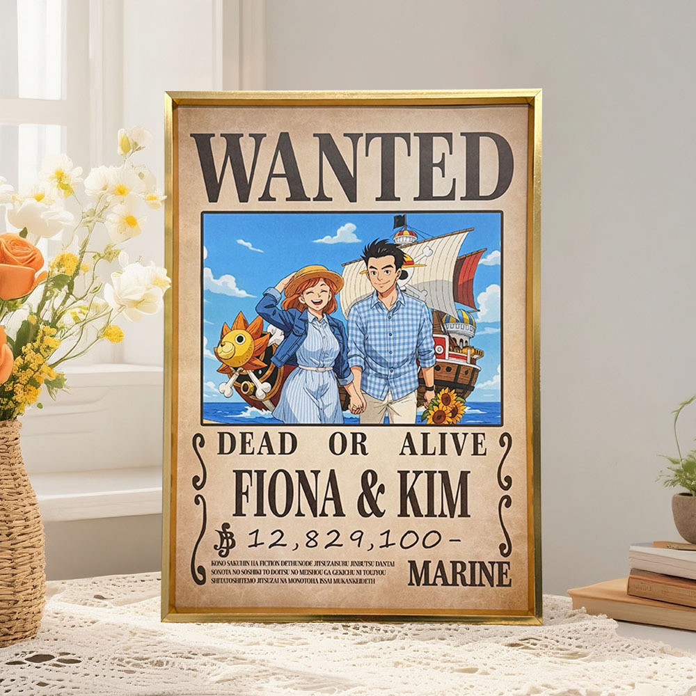 Personalisiertes Anime Bounty Paar Portrait Personalisiertes Anime Style Wanted Poster Portrait Einzigartiges Kapitänspaar Portrait