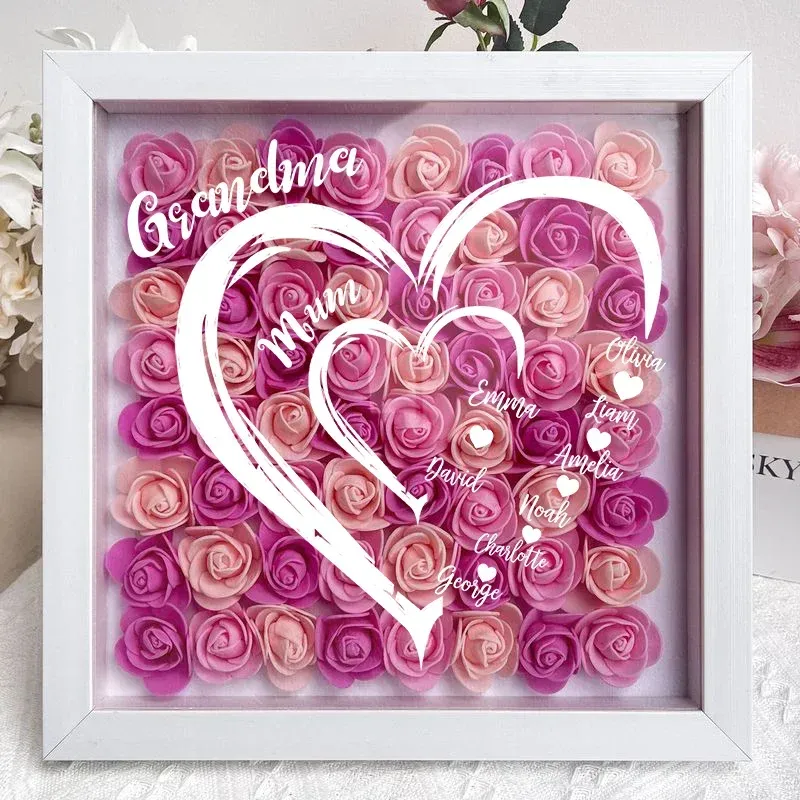 Mama Oma Herzen Benutzerdefinierte Kindernamen - Personalisierte Blumen-schattenbox Mit Led-licht - DePhotoBoxer