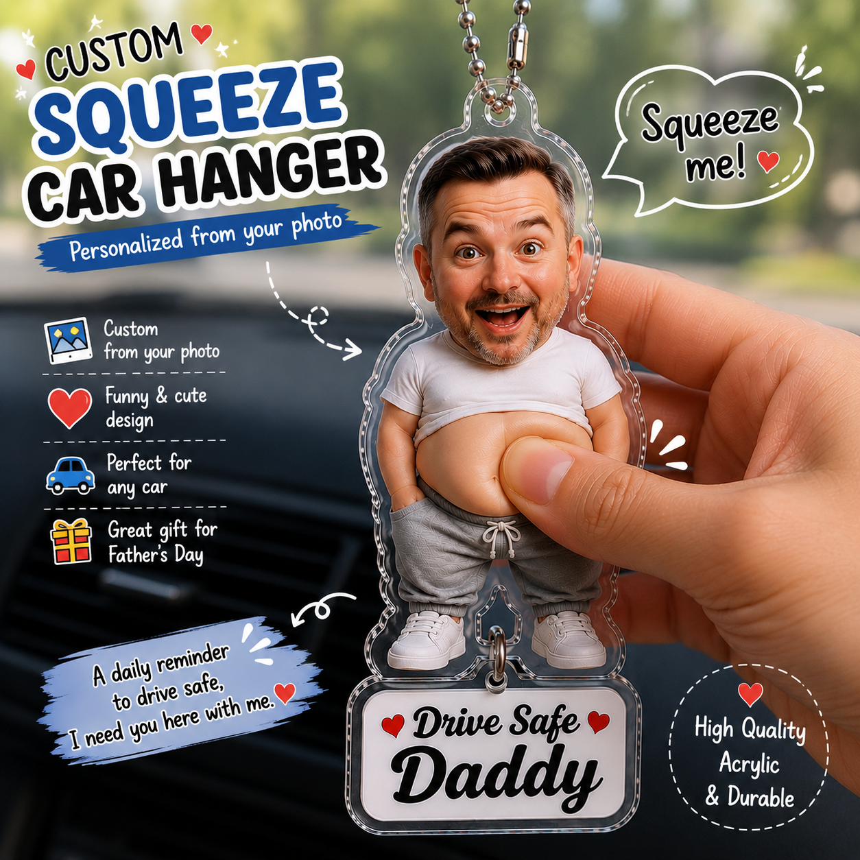Individuelles Auto-Hängeornament im Squeeze-Stil nach Foto, personalisiertes, fahrsicheres Papa-Geschenk zum Vatertag
