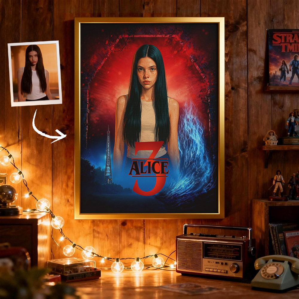 Individuell Gestalteter Retro-posterrahmen Mit Mysteriösem Pärchenmotiv, Personalisierte Wanddekoration Im Sci-fi-stil Der 80er Jahre