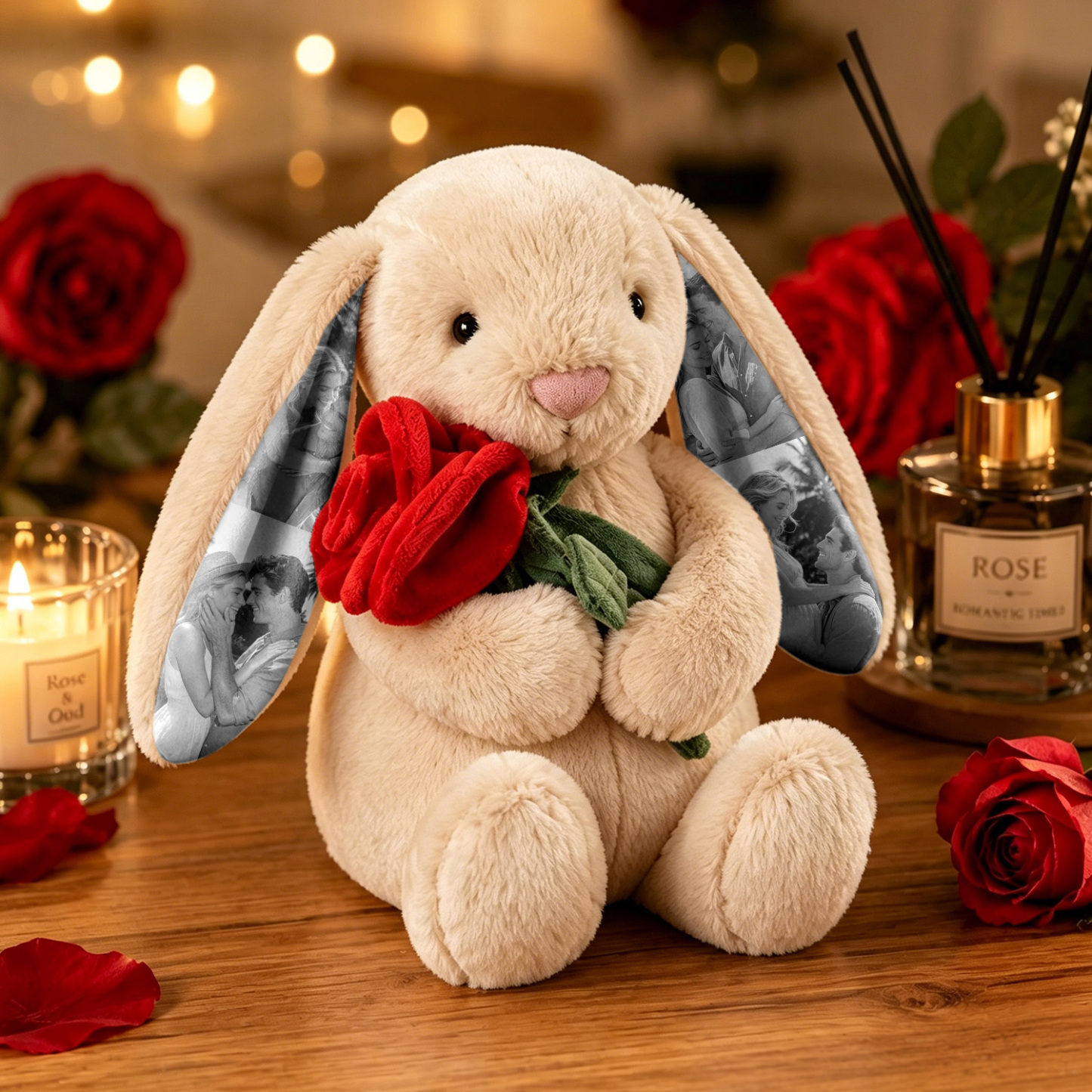 Individuelles Foto, Rote Rose, Hase, Plüsch, Personalisierbar, Bild Mit Verstecktem Ohr, Hasen-Geschenk Für Paare, Jahrestagsgeschenke - DePhotoBoxer