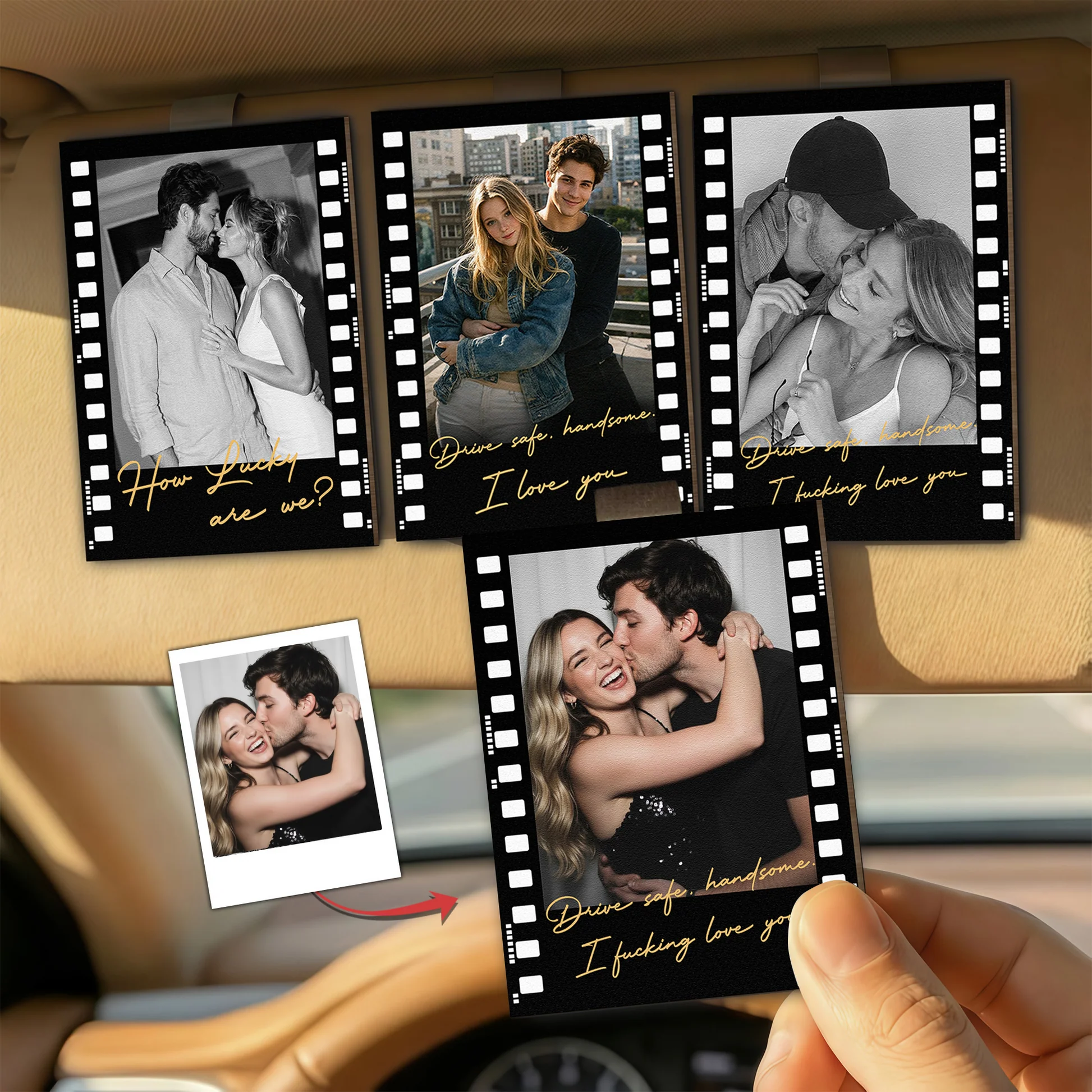 Personalisierter Auto-Visierclip mit Foto, „Fahr vorsichtig, mein Hübscher – ich liebe dich.", Geschenk für Sie und Ihn, bestes Geschenk für Paare