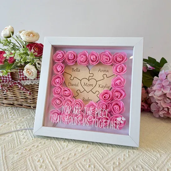 Personalisierte Puzzleteil Mama Herzförmige Blumenschatten Led Box - DePhotoBoxer