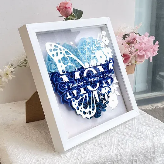 Personalisierte Schmetterlingsversion Blumenschattenbox - Geschenk Für Mama Benutzerdefinierte Kindernamen - DePhotoBoxer