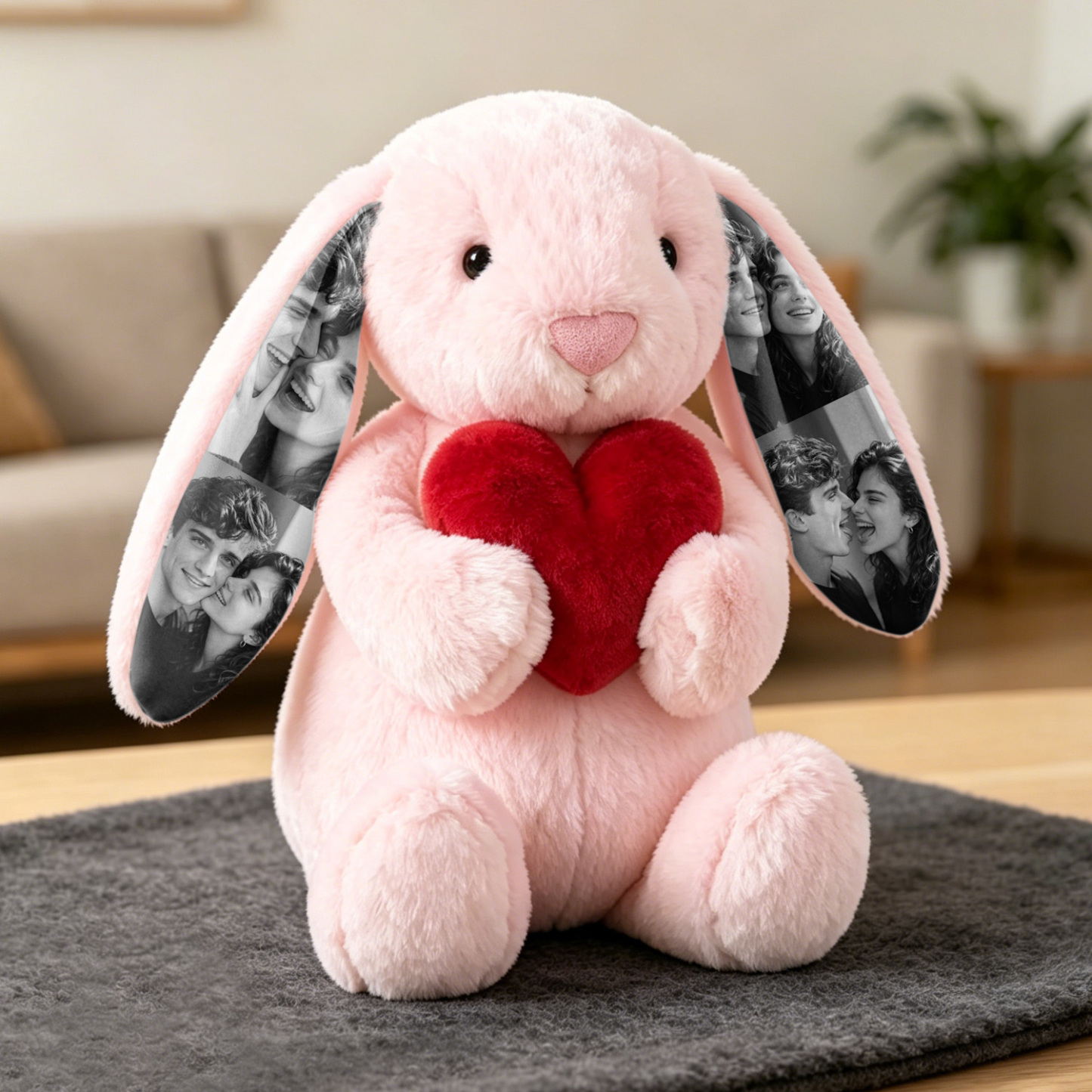 Individuelles Foto, Rote Rose, Hase, Plüsch, Personalisierbar, Bild Mit Verstecktem Ohr, Hasen-Geschenk Für Paare, Jahrestagsgeschenke - DePhotoBoxer