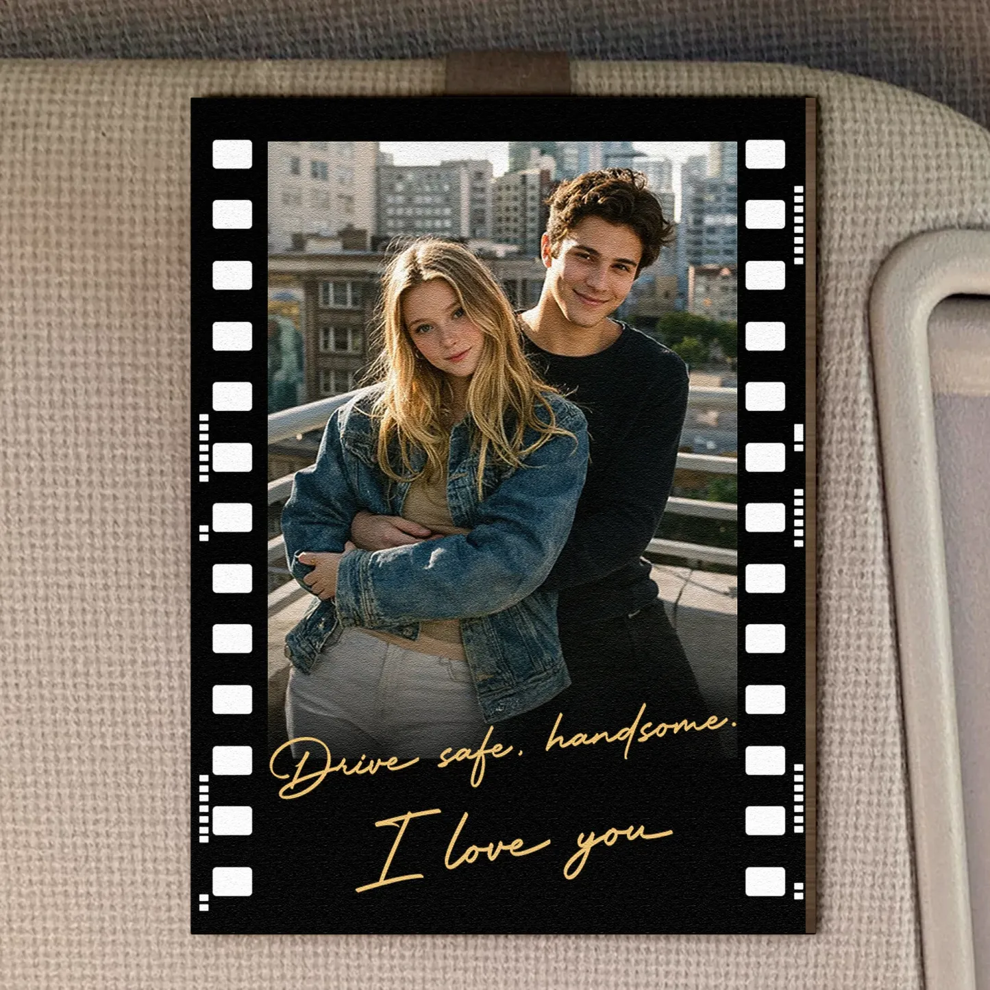 Personalisierter Auto-Visierclip mit Foto, „Fahr vorsichtig, mein Hübscher – ich liebe dich.", Geschenk für Sie und Ihn, bestes Geschenk für Paare