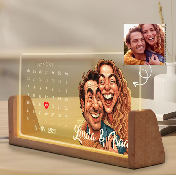 Personalisierter Cartoon-kalender Für Paare Mit Beleuchtung, Individuelle Fotoillustration Als Geschenk Zum Jahrestag, Romantisches Valentinstagsgeschenk