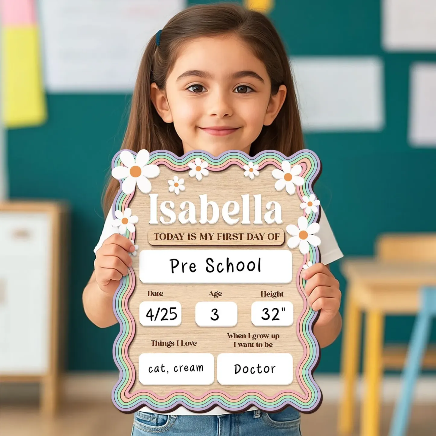 Personalisiertes Schulanfangsschild, Schild Für Den Ersten Und letzten Schultag Benutzerdefiniertes Kinder-Daisy-Schultafelschild