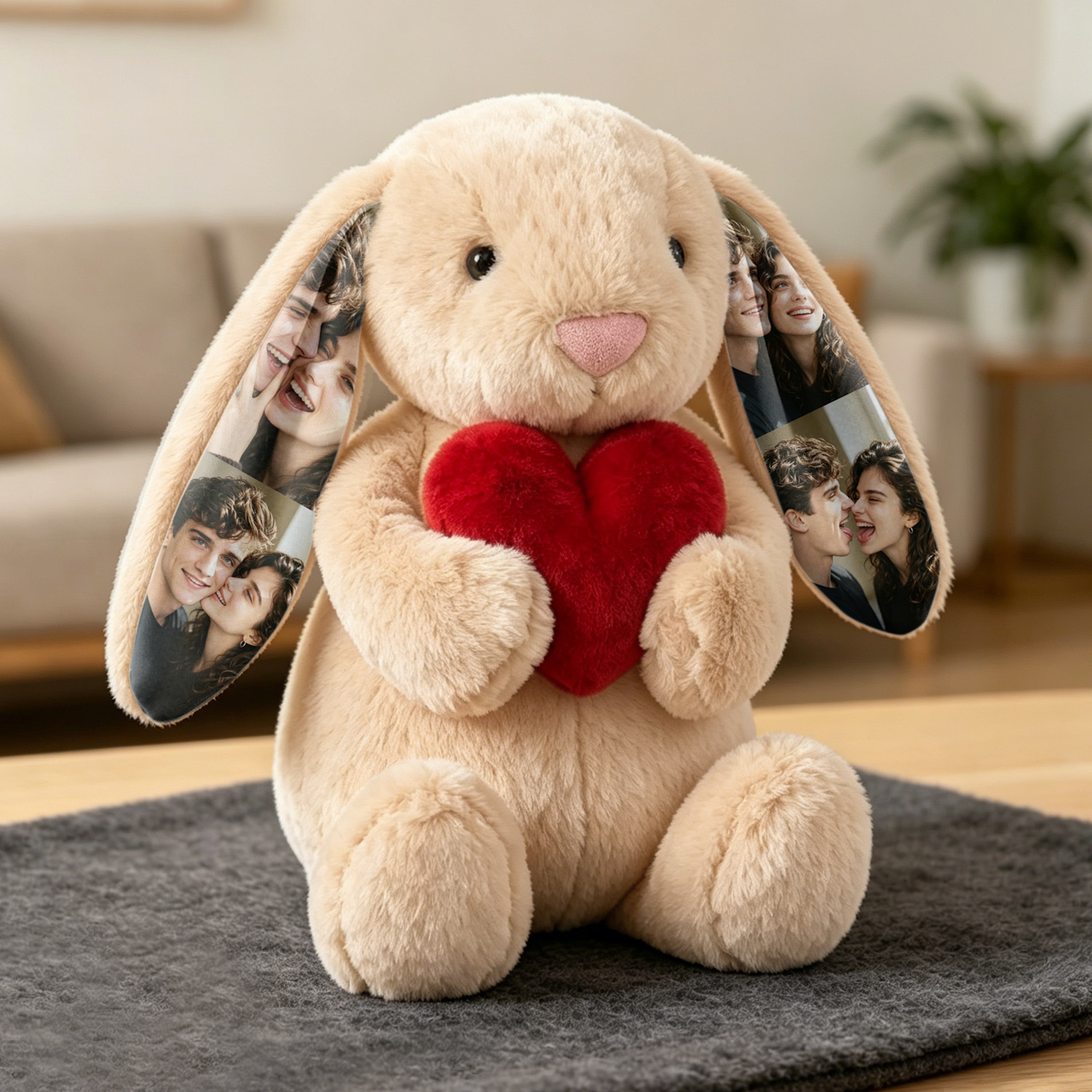 Individuelles Foto, Rotes Liebesherz, Hase, Plüsch, Personalisierbar, Bild Mit Verstecktem Ohr, Hasengeschenk Für Paare, Jahrestagsgeschenke - DePhotoBoxer