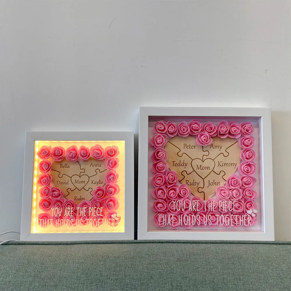 Personalisierte Puzzleteil Mama Herzförmige Blumenschatten Led Box - DePhotoBoxer