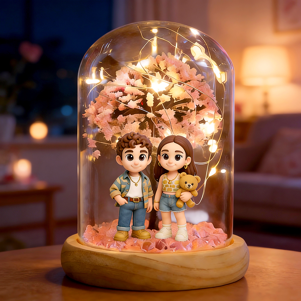 Personalisierte 3d-pärchenfigur In Kirschblüten-lichterflasche, Romantisches Erinnerungsgeschenk Nach Maß, Perfektes Valentinstagsgeschenk Für Paare - DePhotoBoxer