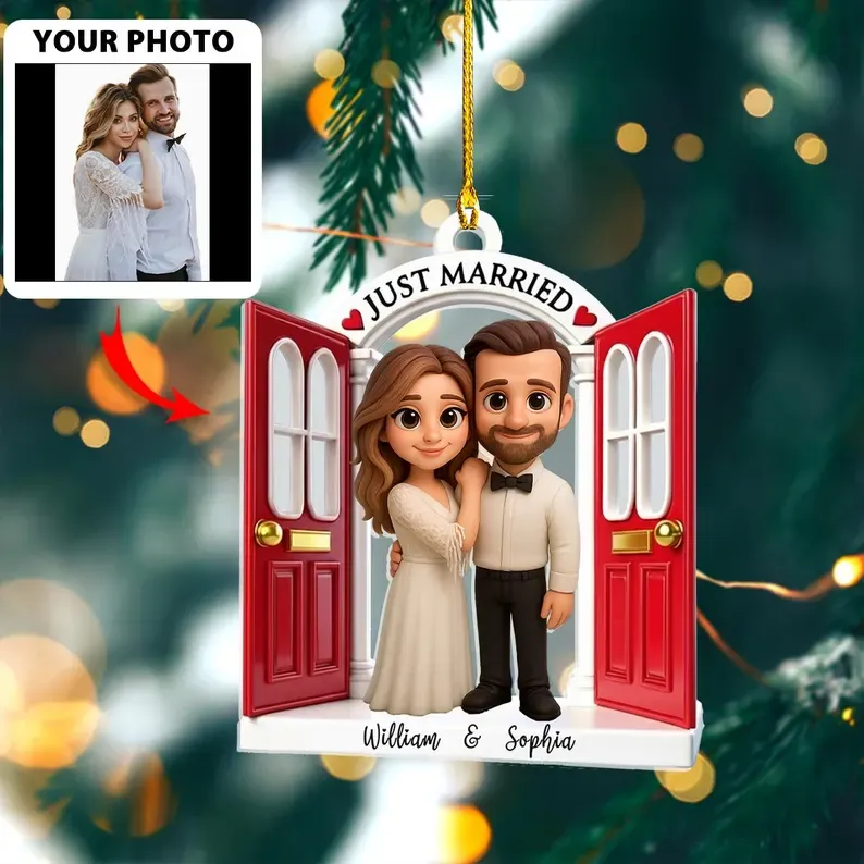 Erstes Weihnachtsornament Für Verheiratete: Individuelle Fotofigur Für Den Heiratsantrag, Acryl-andenken Im Cartoon-stil - DePhotoBoxer