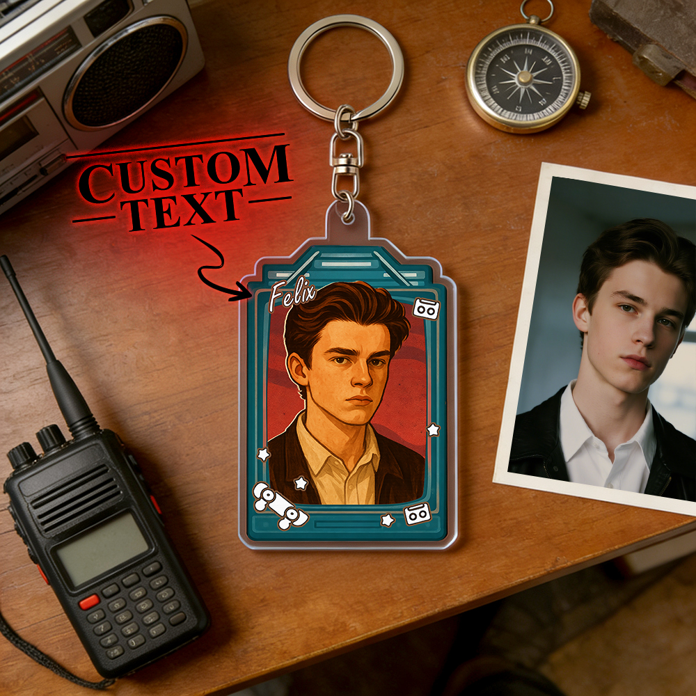 Individuell Gestalteter Schlüsselanhänger Im 80er-jahre-retro-mystery-stil | Neon-synth-porträt | Personalisiertes Namensgeschenk