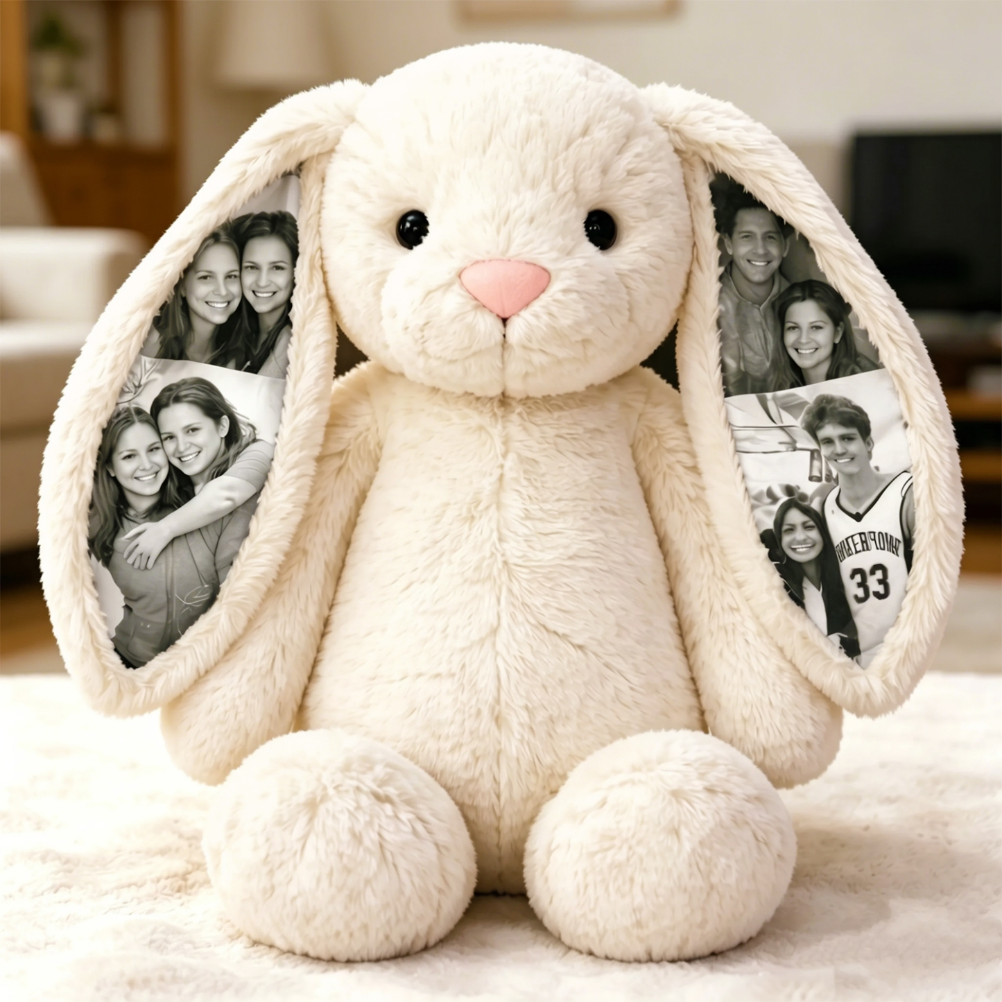Custom Photo Couple Bunny Plush Personalized Hidden Ear Picture Bunny Gift for Couples Anniversary Gifts - PhotoBoxer