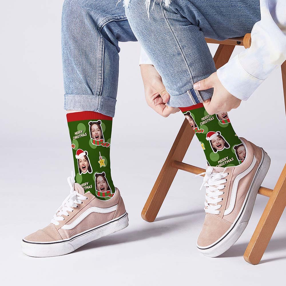 Merry Christmas Socks Custom Scarf And Christmas Hat Face socks - PhotoBoxer
