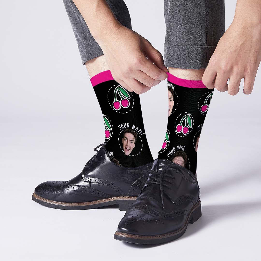 Color Cherry Photo Name Socks - PhotoBoxer